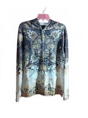 Pierri Long Sleeve Zip-Up Hoodie with Ornate Pattern and Rhinestones Size XL